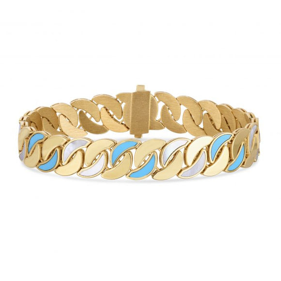Turquoise and Mother of Pearl Curb Bracelet - 14K Yellow Gold